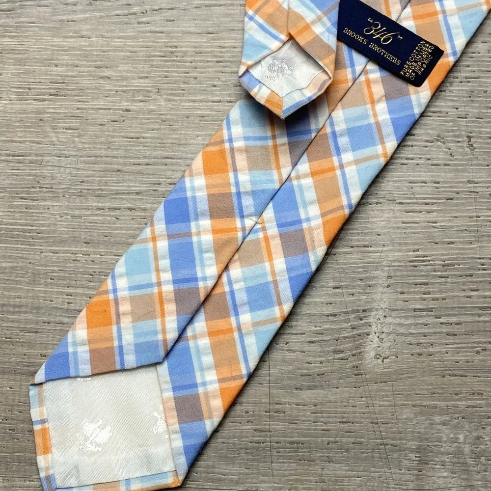 Brooks Brothers Boys Plaid‎ Tie Blue Orange Cotton 346 Necktie